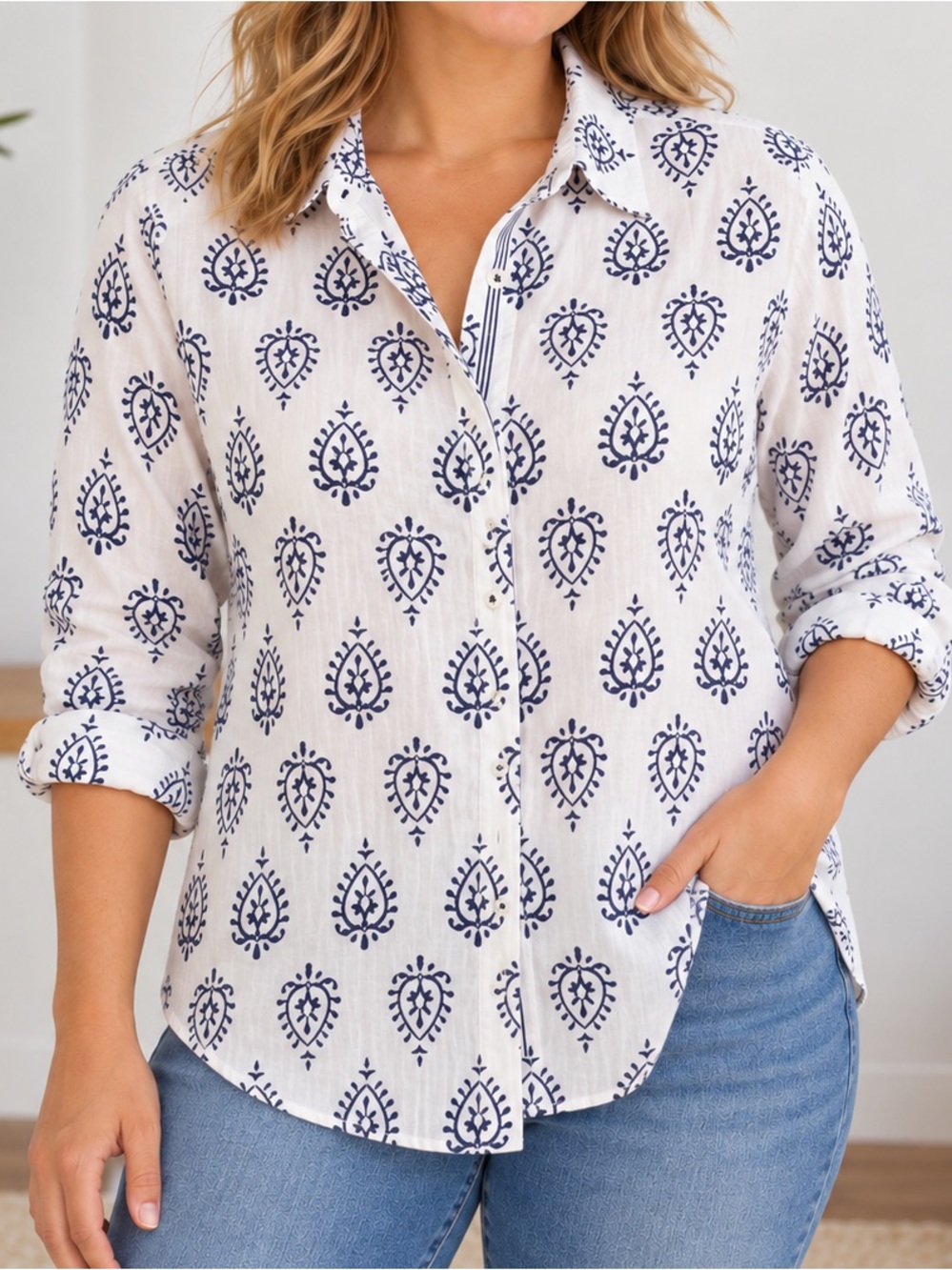 Talbots Navy & White Leaf Print 100% Cotton Button-Down Shirt L